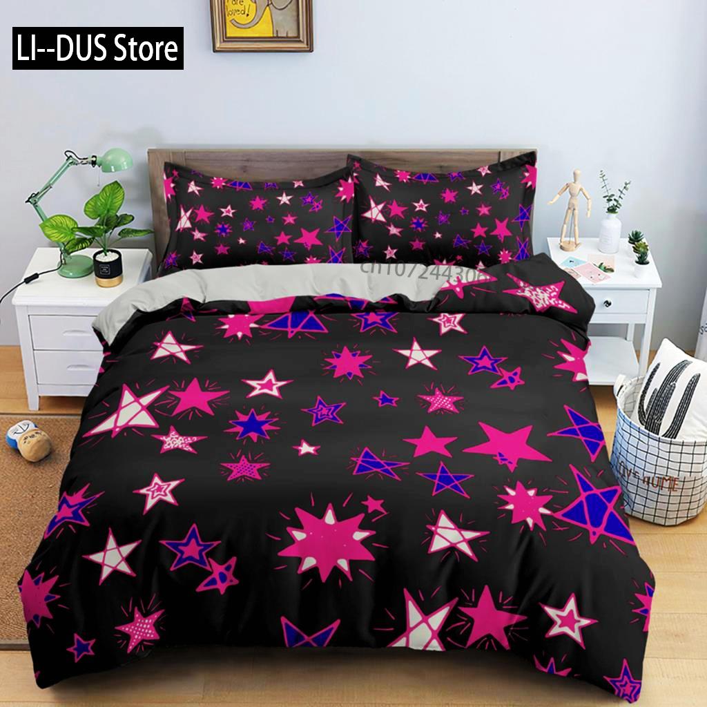 Juego de Funda Nórdica de Estrellas Coloridas Microfibra Estrellas Amarillas Rosas Juego de Cama Suave Tamaño Individual King Queen Twin 2/3 piezas Funda de Edredón