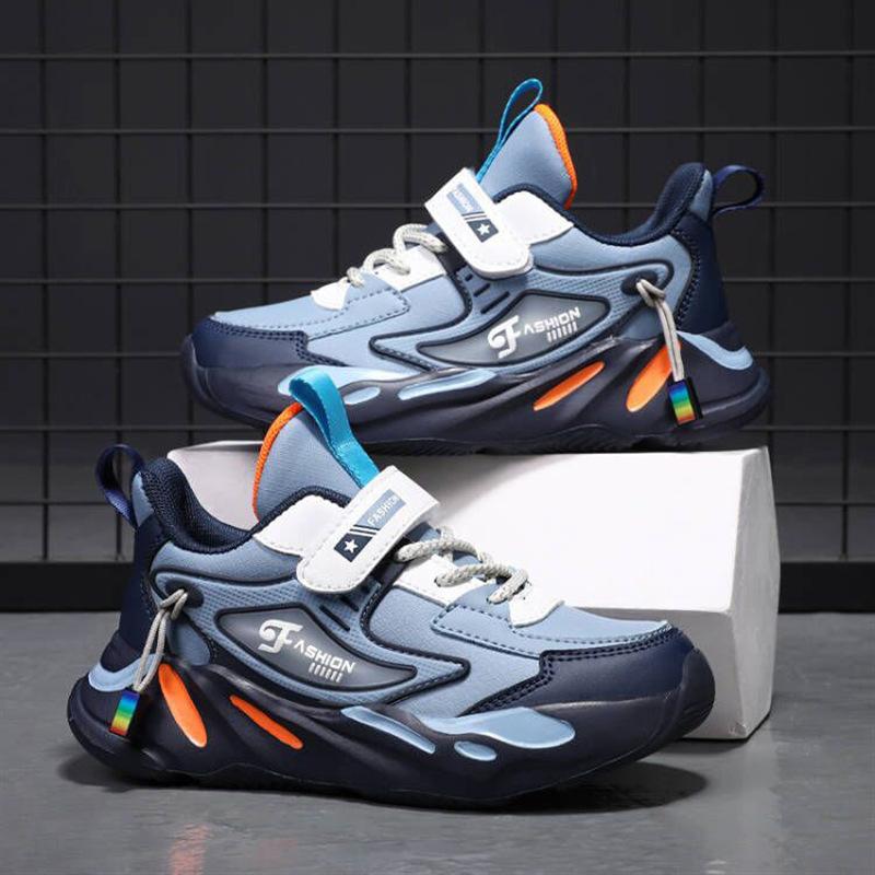 Boys shoes 2025 autumn new double mesh leather surface breathable hollow children's sports shoes medium older boys running shoes