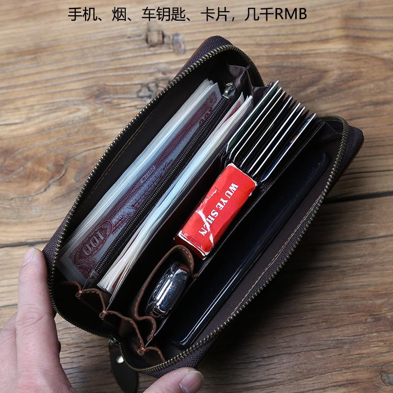 NZPJ Vintage Men Long Leather Wallet Crazy Horse Leather Mobile Bag Natural Cowhide Clutch Bag Multi Functional Wallet Card Bag