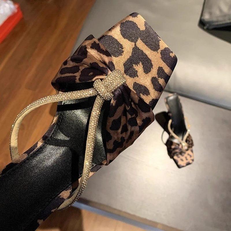 Fashion New Elegant Women Shoes Bow Knot Leopard Print High Heel Slippers Women Slippers Banquet Party Slingback Shoes Zapatos Mujer