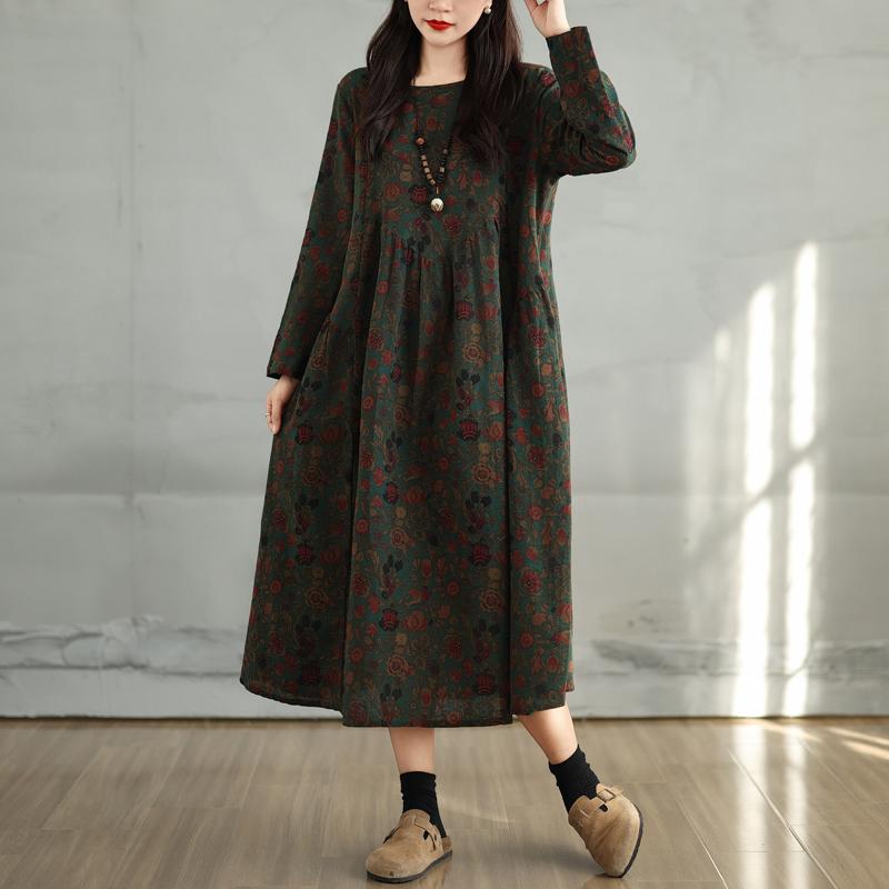 Dimanaf 2025 Spring Plus Size Women Long Dress Floral Vintage Loose Casual Long Sleeve Maxi Printing New Pleated