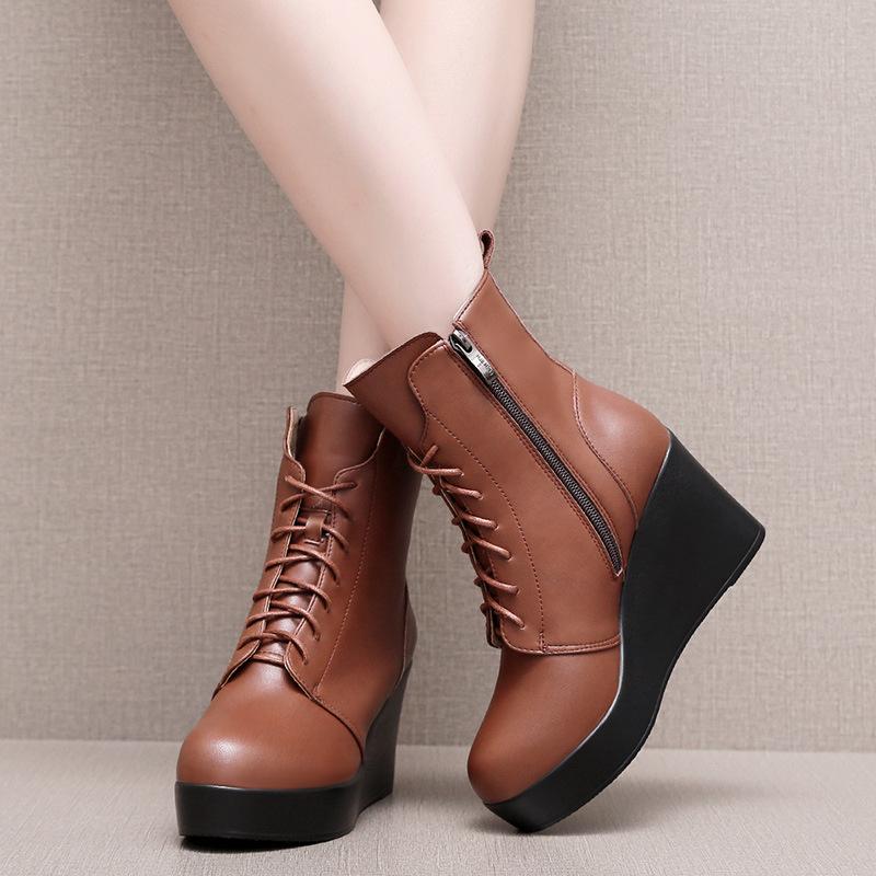 6cm 8cm Small Big Size 33-43 Vintage Soft Leather Boots Women's Platform Shoes Fall 2025 High Heels Wedges Short Ankle Boots