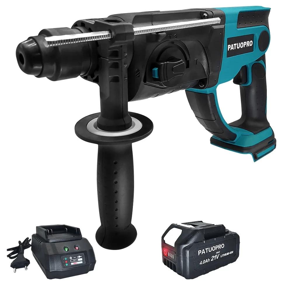 PATUOPRO 28mm Brushless Rotary Hammer Drill 3-Mode Variable Speed Hammer Drill Chiselsing Power Tool For Makita 18V Battery