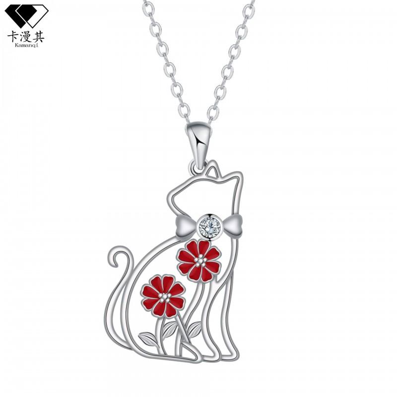 Elegant Hollow Cat Pendant Necklace With Red Floral Enamel Rhinestone Bow Charm Silver-Tone Copper Chain Women Silver