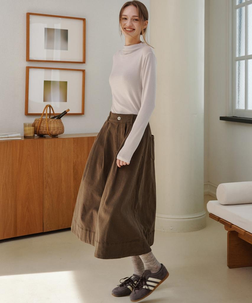 MALOUPE 3111 Brushed Collared Denim Skirt (Brown)