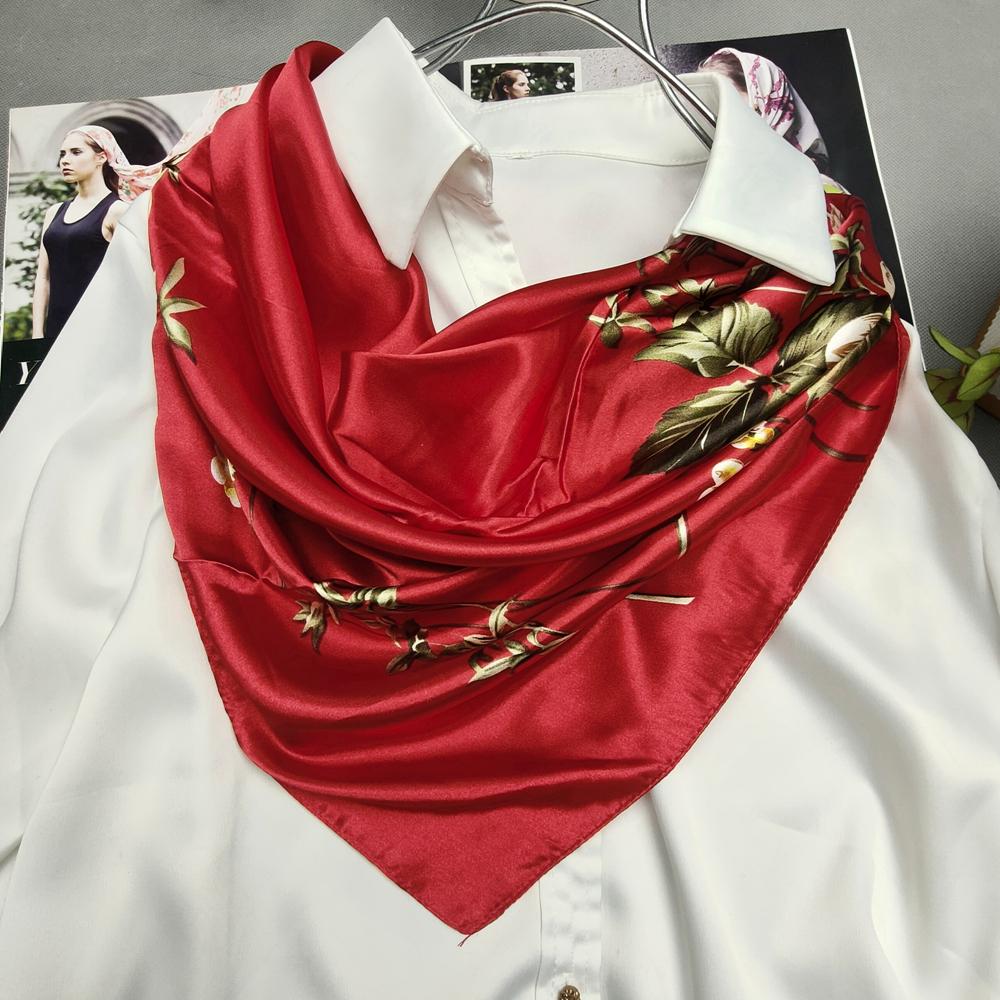 Grey Green Silk Scarf Headscarf For Women Spring Fall Elegant Cherry Blossom Big Square Scarves Wraps 90*90cm Neck Scarf Shawl