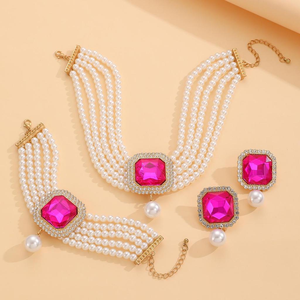European & American Fashion Multi-Layer Pearl Crystal Jewelry Set: Necklace, Earrings & Bracelet