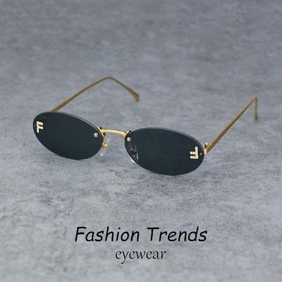 Gafas de Sol sin Montura con Decoración de Diamantes para Mujer Marca de Lujo Montura Metálica Pequeñas Ovaladas Gafas de Sol Unisex Elegantes Gafas de Sol UV400