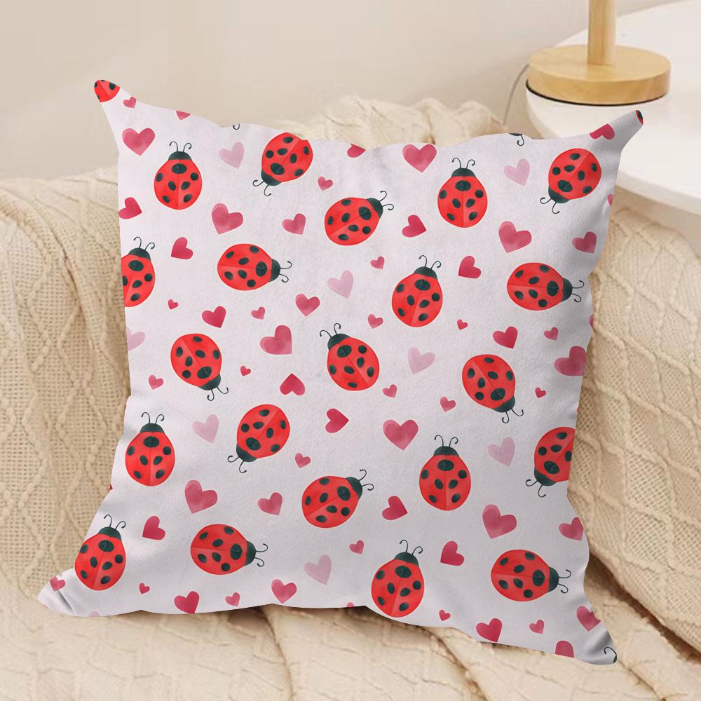Cute Ladybug Wildflower Pattern Cushion Cover Silky Short Plush Invisible Zipper Dustproof Sofa Pillow Case for Home Decor