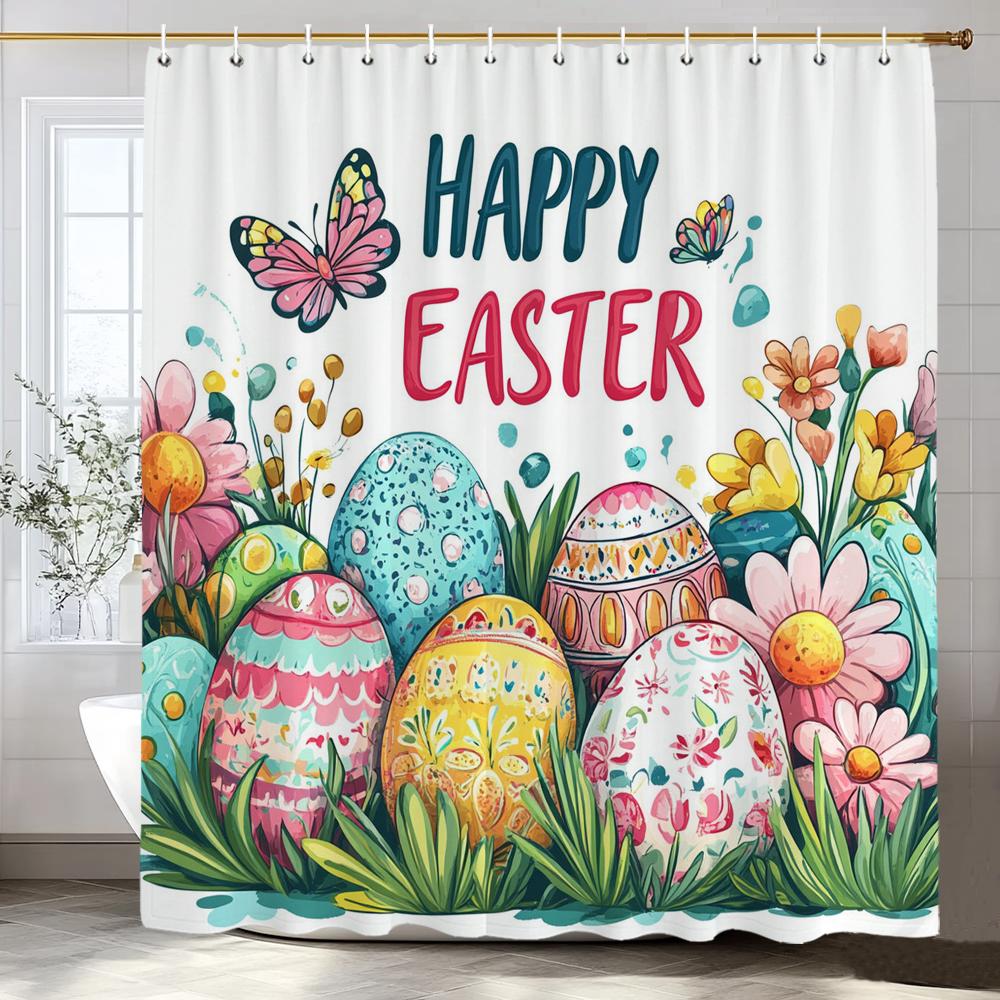 Happy Easter Bunny Eggs In Wooden Board Hole Cartoon Shower Curtain, Bathroom Decorative Shower Curtain, Home Curtain with Hooks