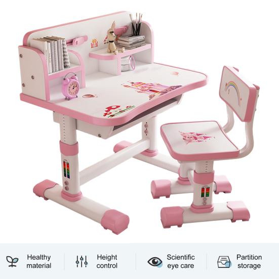 Kids Functional Desk and Chair Set Height Adjustable Children School Study Table Chair Set with Cartoon Pattern Ergonomic Desk Chair (Pink, Blue)