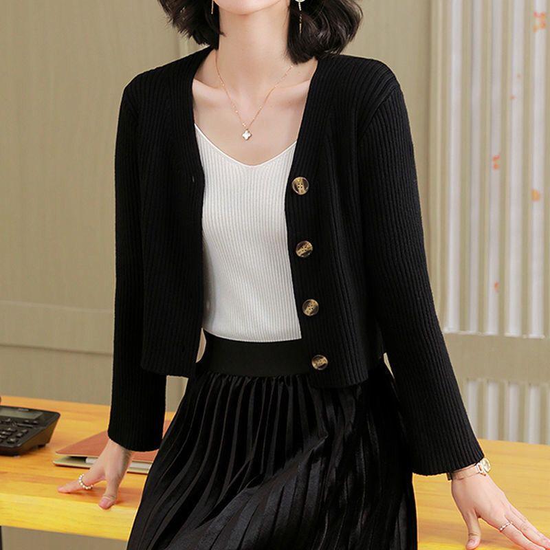 

Spring Autumn Women s Short Cardigan Casual Solid Color Slim-fit Knitted Cardigan V-neck Long-sleeve Knitted Top M