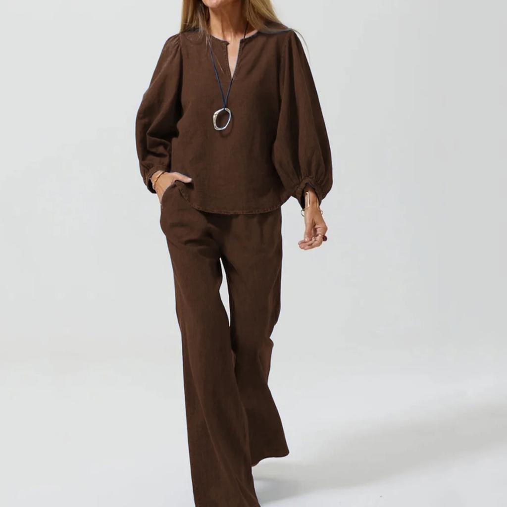 Women's Casual Long Sleeve Cotton Linen V-neck Straight Pants Two-piece Set