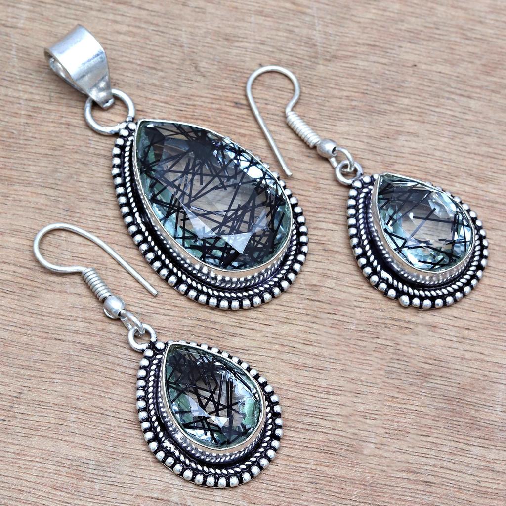 Black Rutile Set  Pendant  Jewelry Earring 18-20'' Gemstone Handmade