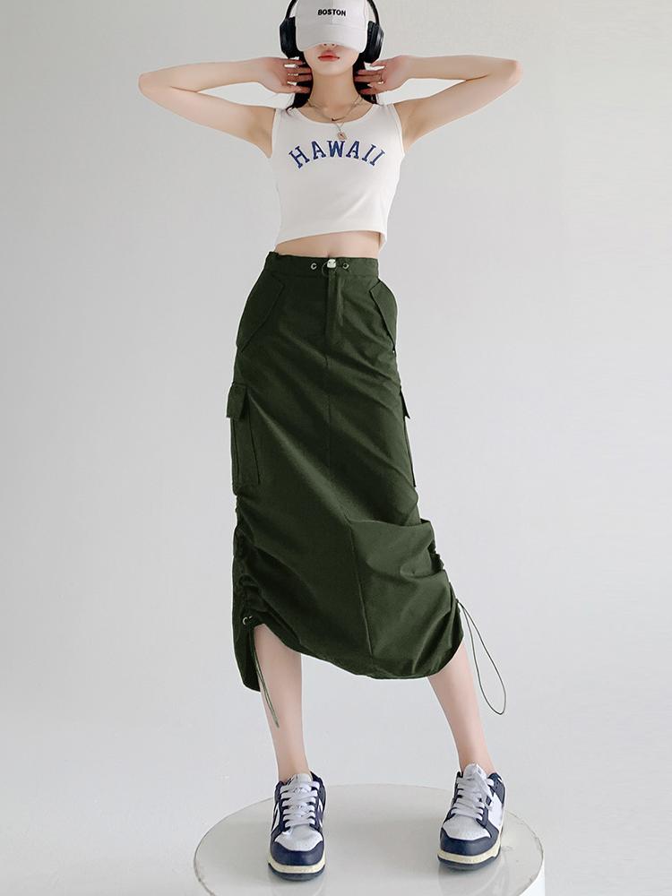 Cargo Midi Skirt Women Summer Slim High Waist Slit A-line Skirt Stitching Drawstring Female Streetwear Vintage Y2K Grey