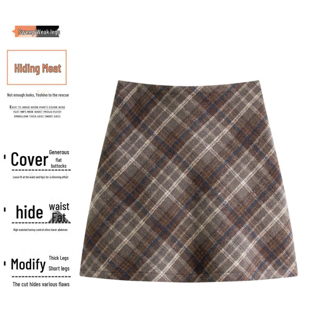 Women's Plus Size Plaid Wool A-line Skirt – Spring & Autumn, Anti-Exposure, Slimming, Thickened, Hip-Hugging, Short Skirt for Chubby Girls.