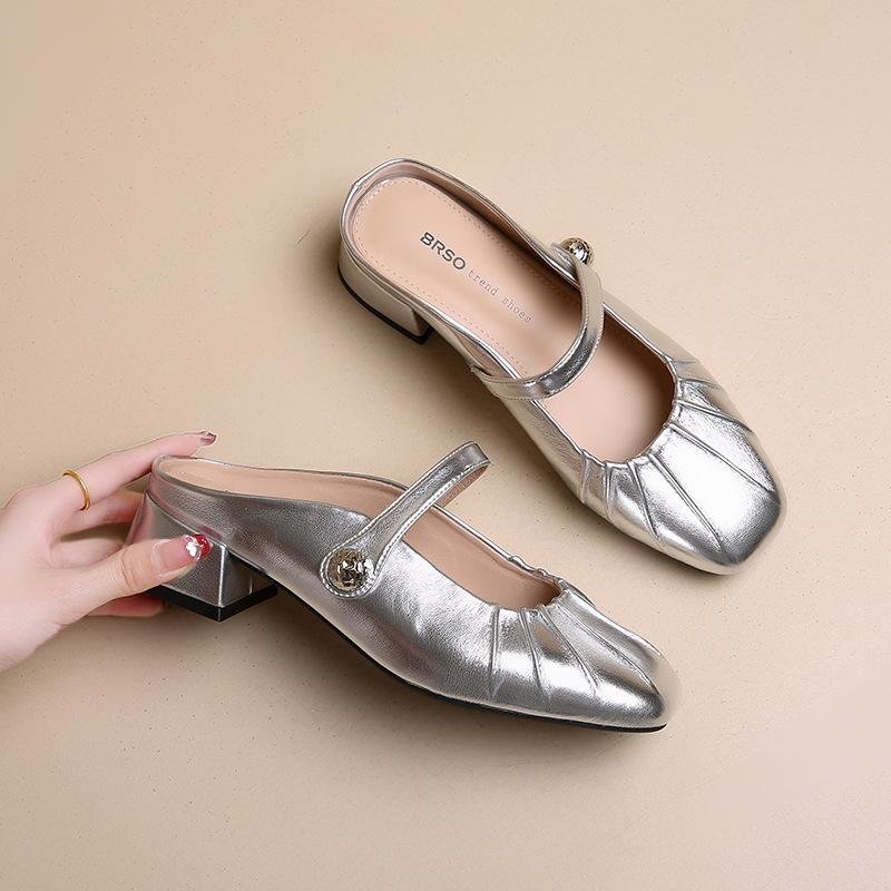 2025 Spring and Autumn New Square Head with Simple Mary Jane Shoes French Thick Heel Low Heel Shallow Mouth Fold Half Drag Women