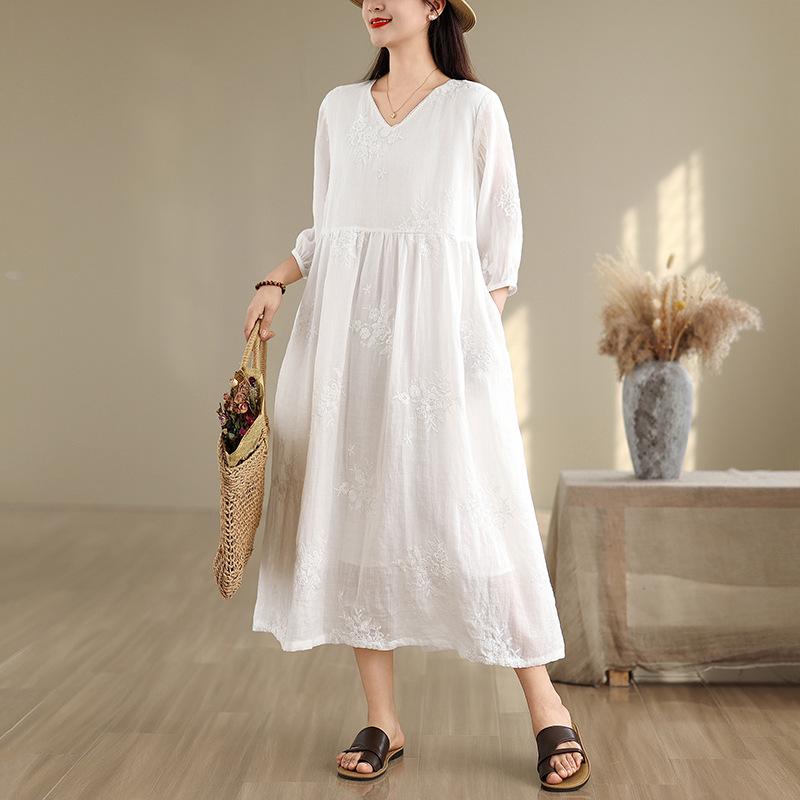 Elegant French Fairy Dress - Women's Heavy Embroidery Ramie Long White Dress