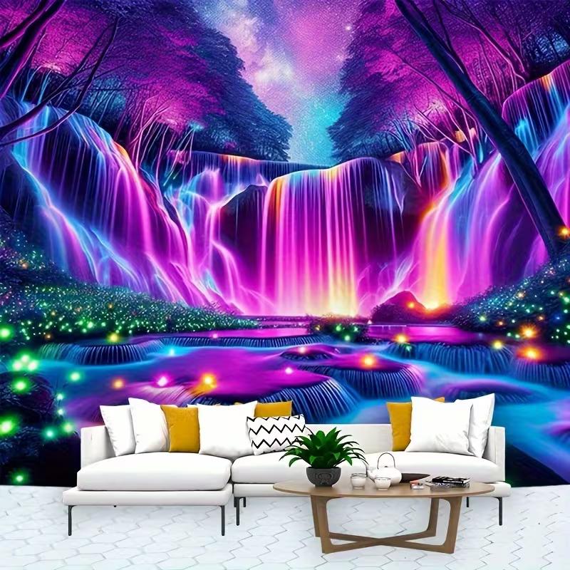 2D Glowing Waterfall Tapestry Psychedelic Purple Forest Backdrop Cloth for Living Room