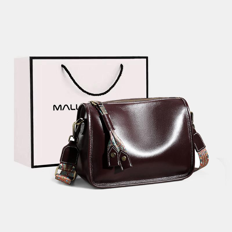 Women's Real 100% Cowhide Leather Wide Shoulder Bag Solid Color Soft Cow Leather Crossbody Bag Luxury Messenger Bag Ladies Gift