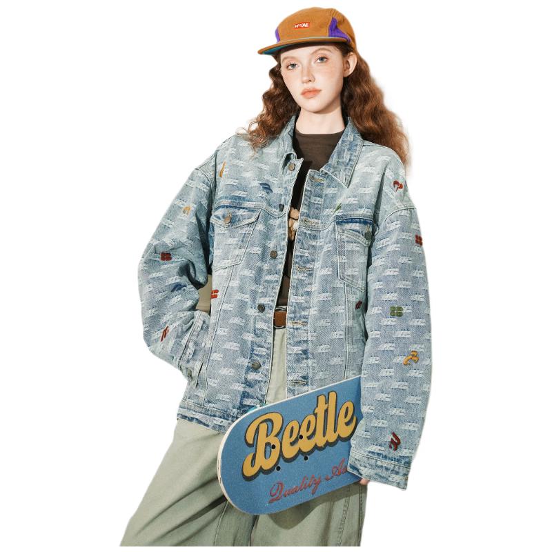 BEETLE TOWN Women s Logo Print Denim Jacket XL