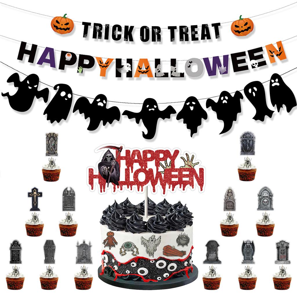 Halloween Paper Blood Knife String Latte Happy Halloween Grim Reaper Tombstone Cake Plug-In Set