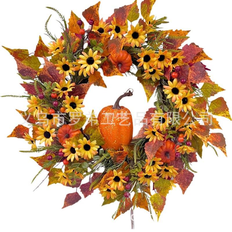Harvest Wreath With Pumpkins Berries Vine Circle Halloween Thanksgiving Door Decor