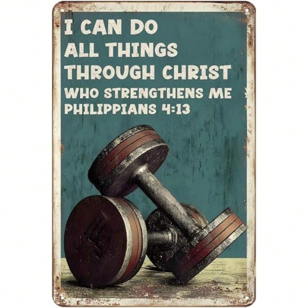 Vintage Religious Fitness Metal Wall Art Philippians 4 13 Dumbbell Decor Home Gym Christian Gift 20x30cm белый