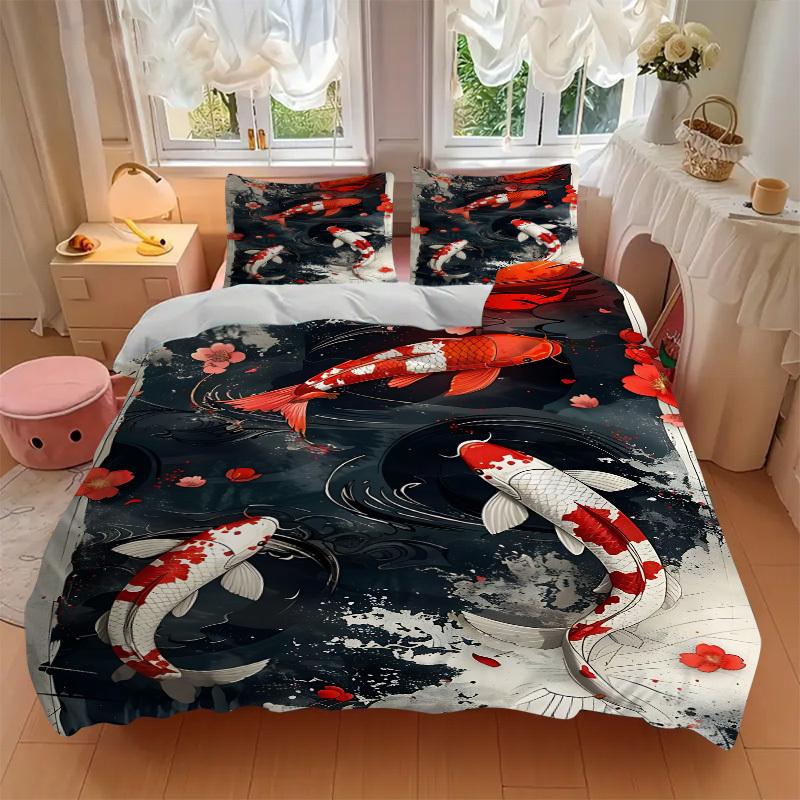 3pcs Koi Fish Sakura Blossom Duvet Cover Set, Cover For Bedroom Guest Room (1 Duvet Cover + 2 Pillowcase, Without Quilt),  Yy250922168