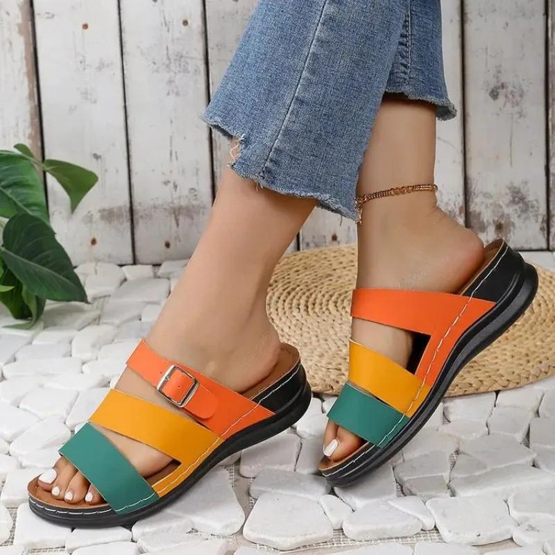 Fashion New Women's Mixed Color Wedges Slippers Summer Peep Toe Non Slip Beach Shoes Woman Buckle Decor Slippers Platform Roman Sandals
