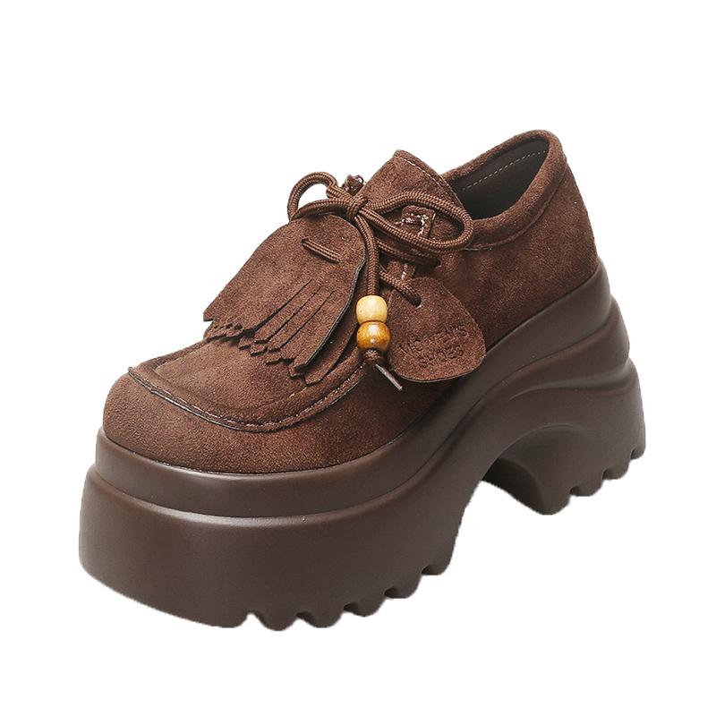 Fashion Women's Thick Bottom Kangaroo Shoes with Laces Full Wrap Birkenstyle Fall New Vintage Matte Leather Single Shoes Casual Loafers