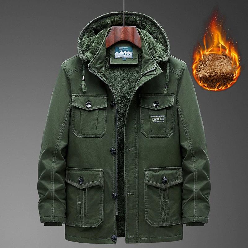 Men Winter Thick Warm Parka Coat Fleece Inside Linning Outdoor Parka Coat Hooded Windbreaker Military Thick Warm Outerwear