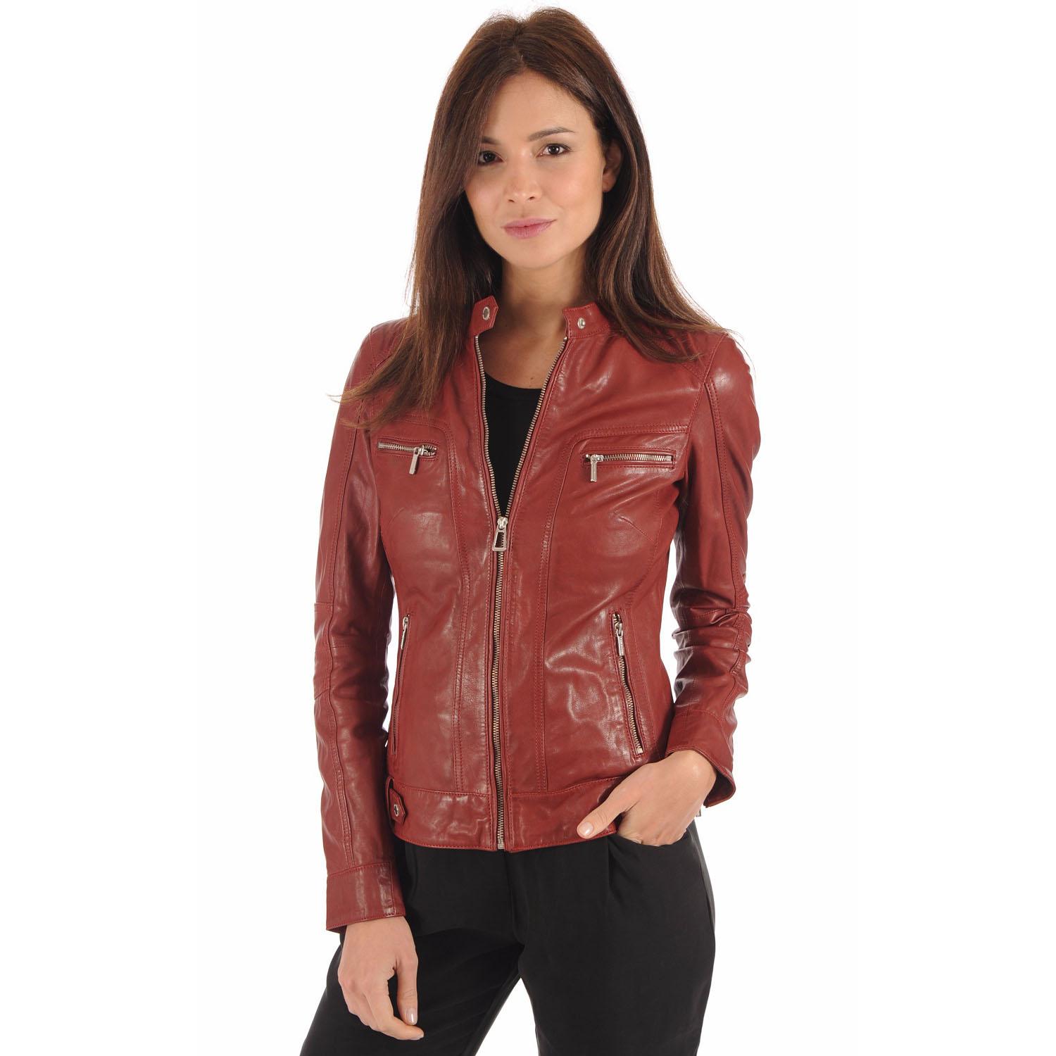 

SKINOUTFIT Women Red Leather Jacket Real Lambskin Leather Biker Motorcycle Jacket Coat XL червоний