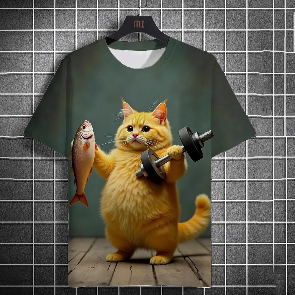 3D Fitness Cat Print Short Sleeve T-Shirts Oversized Clothing Summer Street Casual Top Fun Animal Men's T-shirts