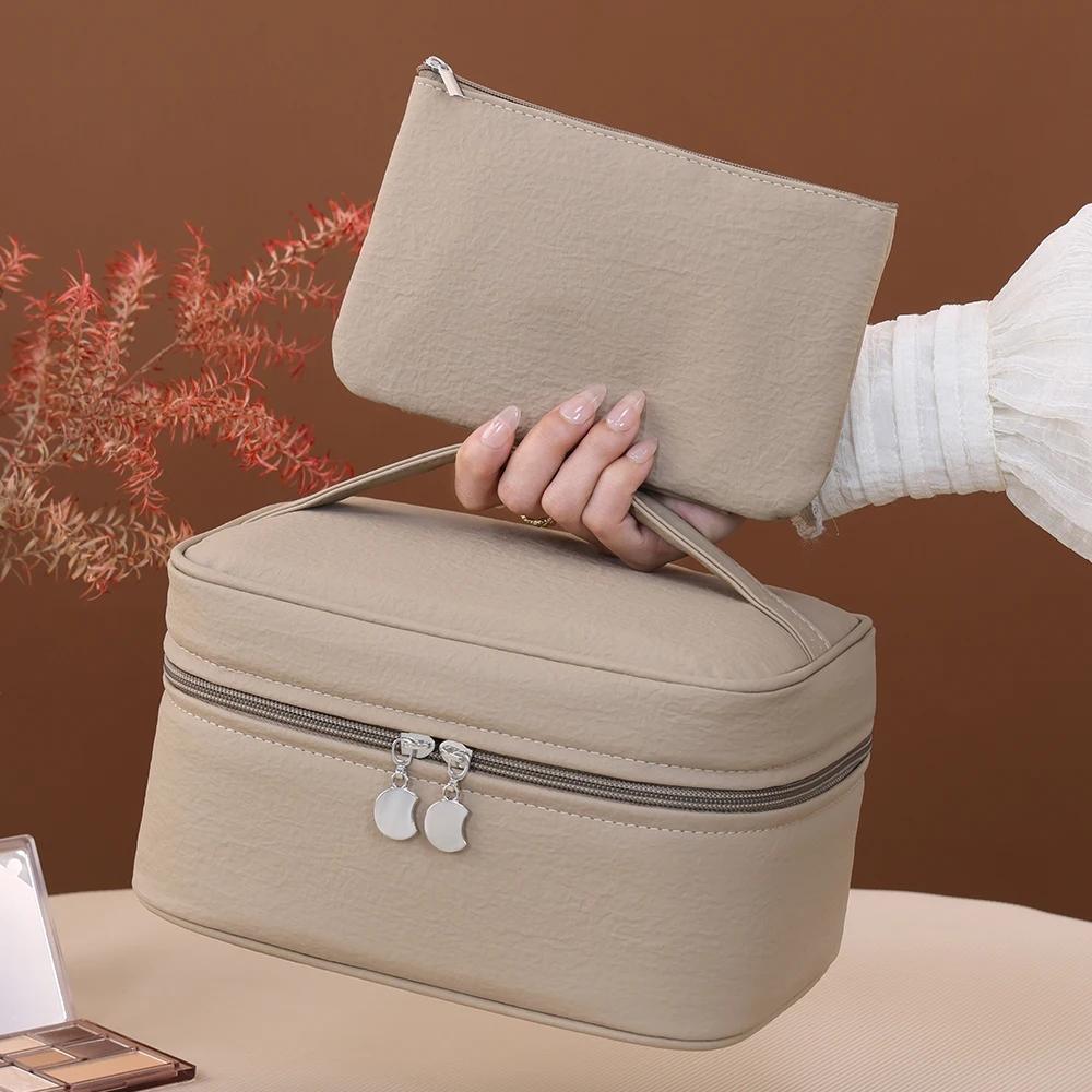 Große Kapazität Kosmetiktasche für Damen Reise Kosmetiktasche Wasserdicht PU-Leder Toilettenartikel-Organizer mit kleiner Tasche Samt-Innenfutter