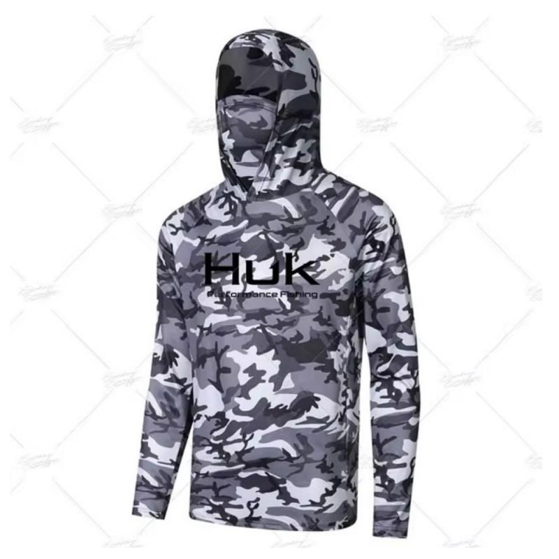 

HUK Fishing Hooded Shirt Mask Anti-ultraviolet Collar Suit Men s Long-sleeved Breathable Quick-drying T-shirt L