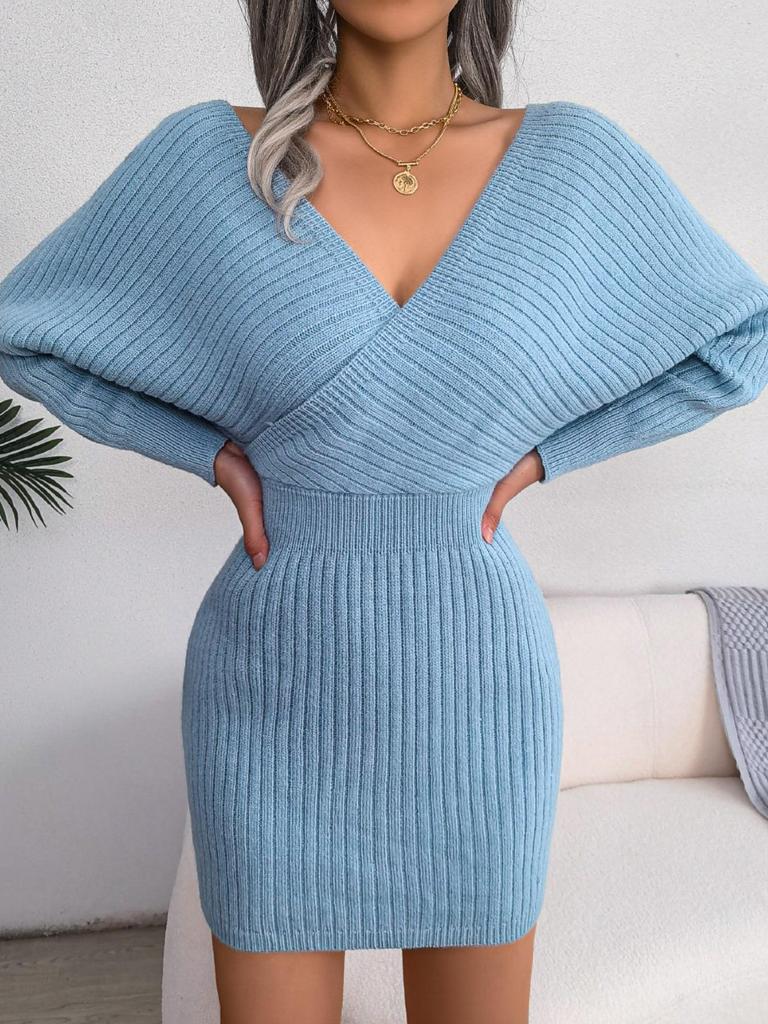 Svetrové šaty s výstřihem do V a křížením, jednobarevné, elegantní, s dlouhým rukávem, bodycon, volné šaty, ležérní netopýří šaty