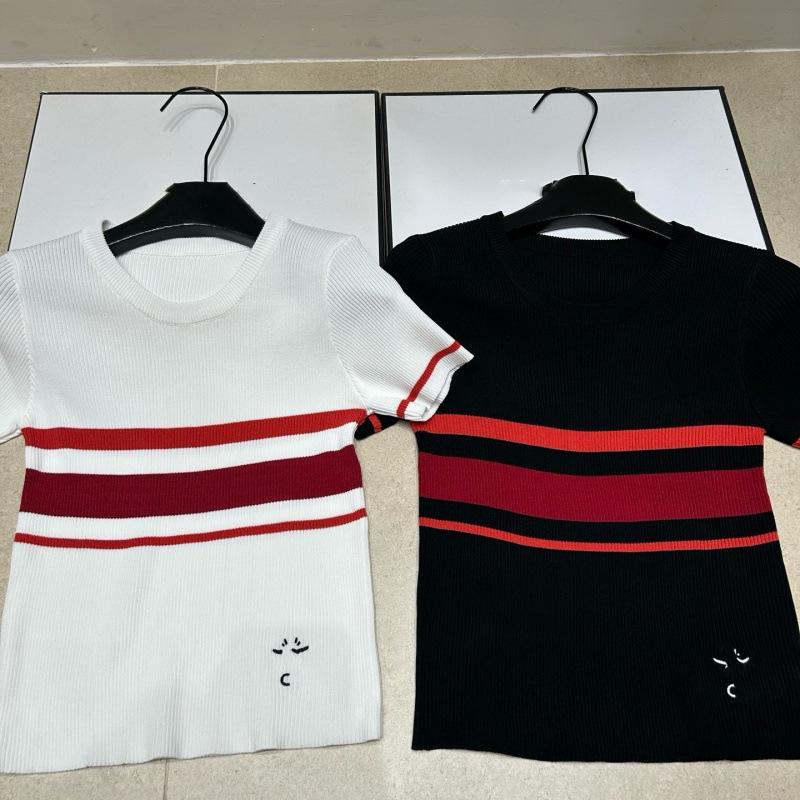 Brand New Embroidered Stripe Color Block Round Neck Knit Short Sleeve Summer Slim Fashion Top