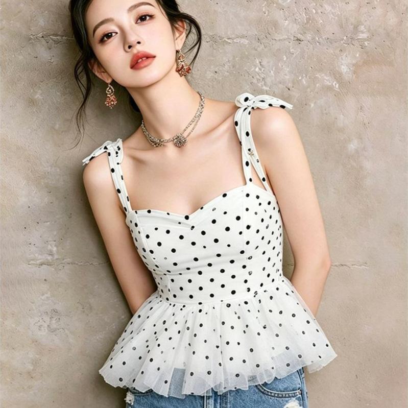 Summer New French Sweet Wind Bow Shoulder Strap Polka Dot Suspender Vest Women's Design Slim Versatile Top