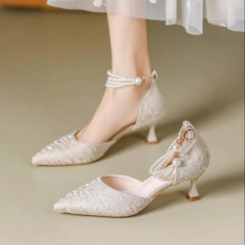 

Fashion Sexy French Pointy Toe High Heels Women s Pearl Ankle Strap Sandals Ladies Elegant Wedding Party Bride Dress Designer Shoes 34