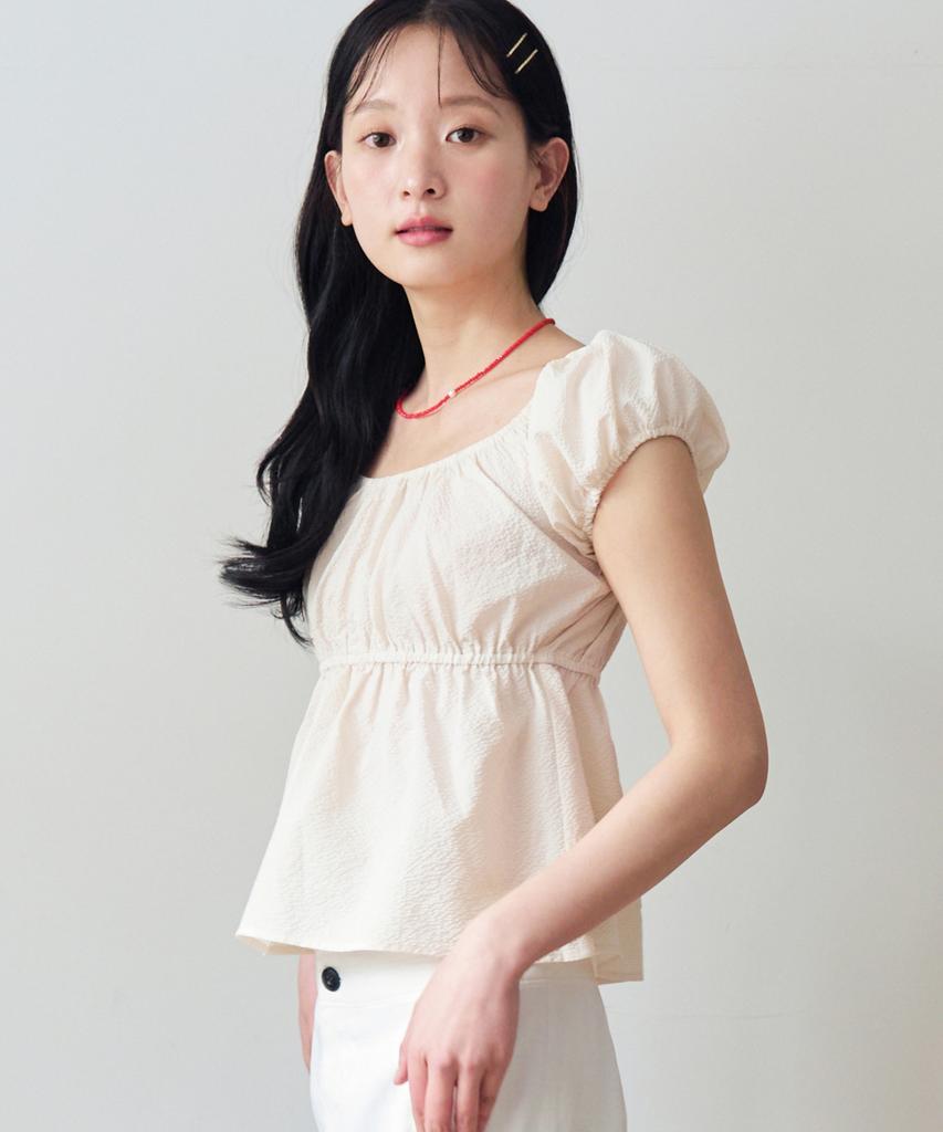 KNIZURE Puff Sleeve Shirred Blouse_Butter