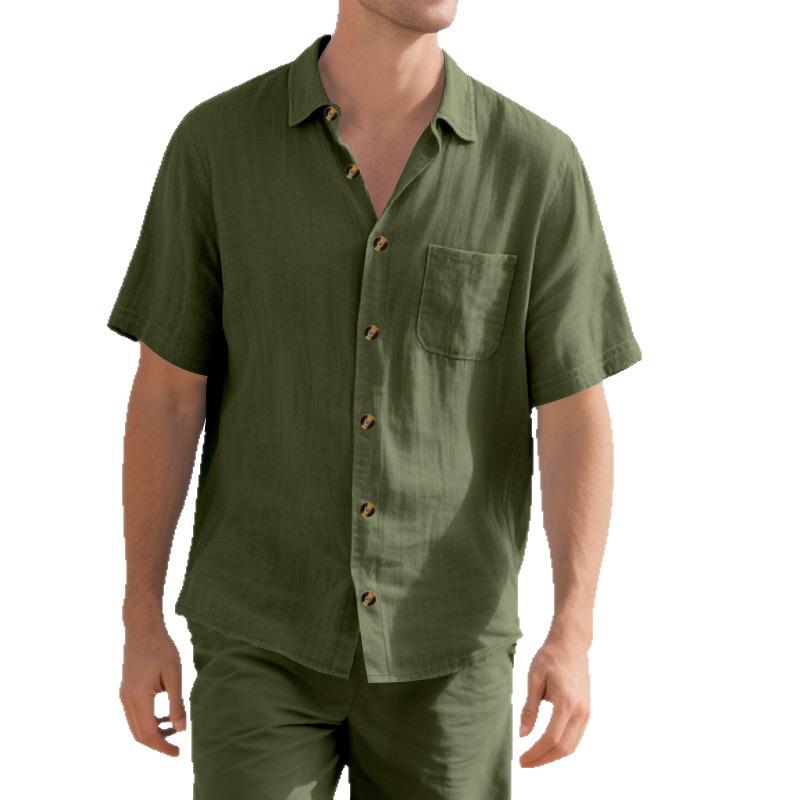 Herren locker lässig einfarbig Leinen Kurzarm Hemd mit Knöpfen und Brusttasche