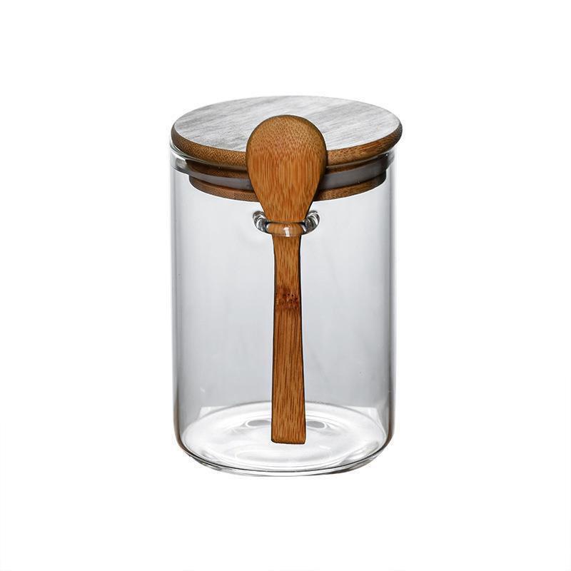 Glass Jar with Spoon: Bamboo Lid Kitchen Storage for Grains and Dried Fruits