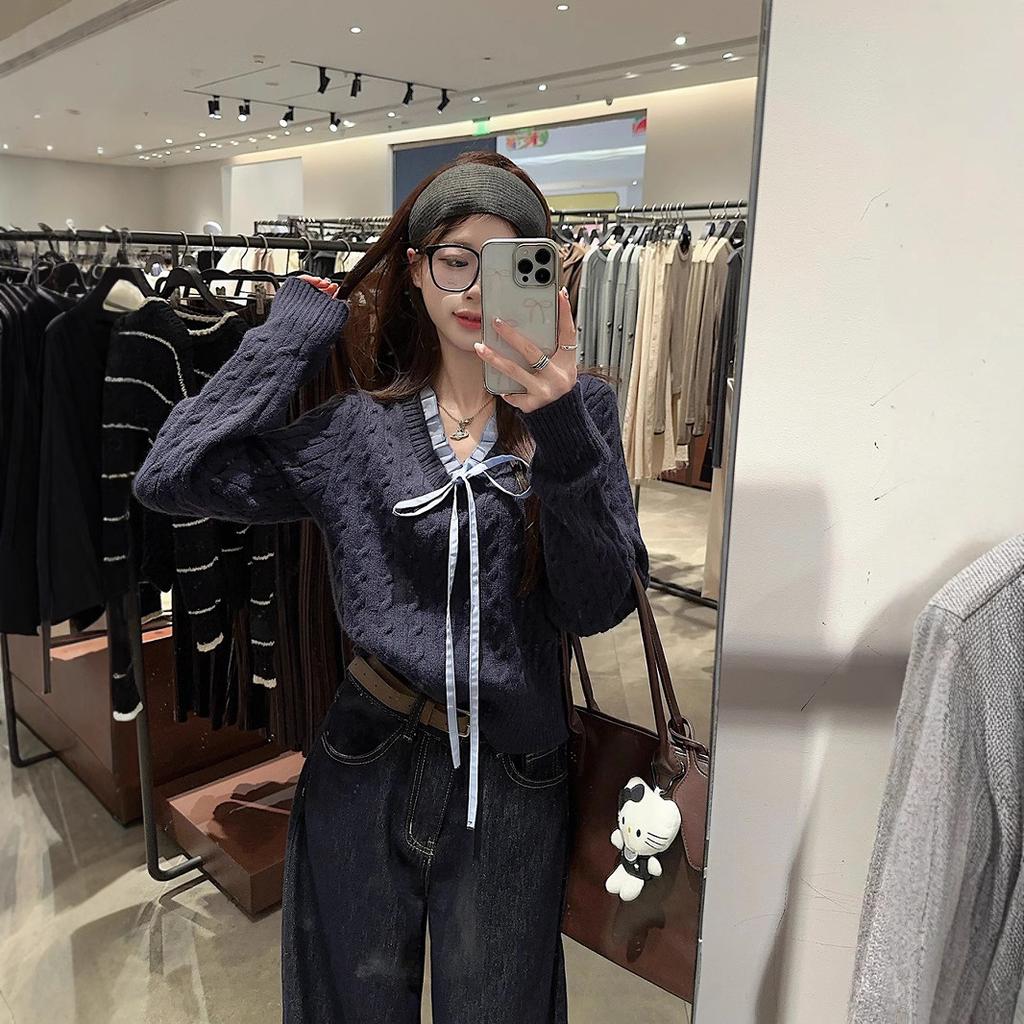 Korean Preppy Style Fake Two Piece Long Sleeve Sweater Women Winter Blue Soft Fit Knit Top