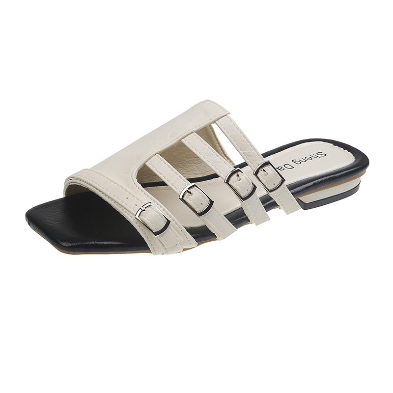 New Retro Square Toe Flat Fashion Slippers Women's 2025 Summer New Fairy Style Belt Buckle One-word Belt