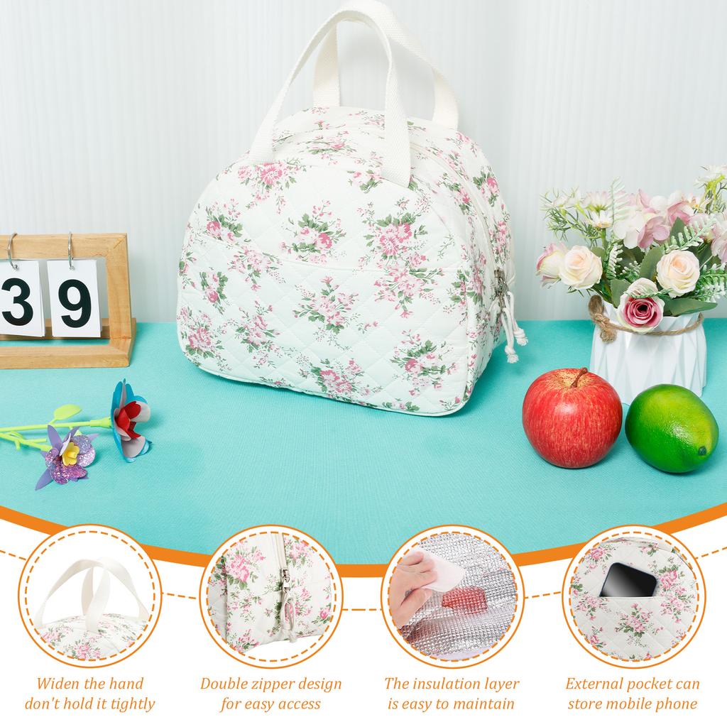 Lunch Bag with Handle for Women Reusable Lunch Tote Bag with Double Zippers and Outside Pocket for Work School Travel Picnic