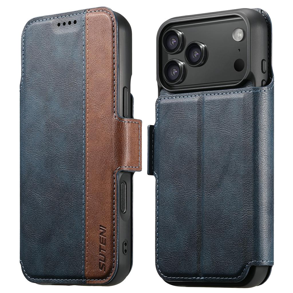 SUTENI Q-07 For iPhone 17 Pro Case Magnetic Color Splicing Cowhide Texture Leather Cover
