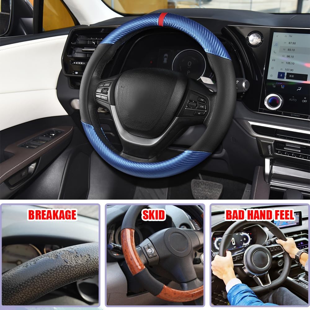 Carbon Fiber Car Steering Wheel Cover, Universal 15 inch Breathable Anti Slip Steering Wheel Covers, Car Interior Accessories Steering Wheel