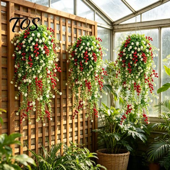 Indoor Home Ornament for Festivals Artificial Hanging Vines with Red Berries, Realistic Plastic Cascading Greenery Plants, Lifelike Plants Office