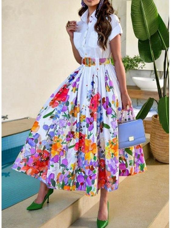 2024 Floral Print Short Sleeve Button Dress with Belt – European & American Style, Big Swing, Shirt Collar